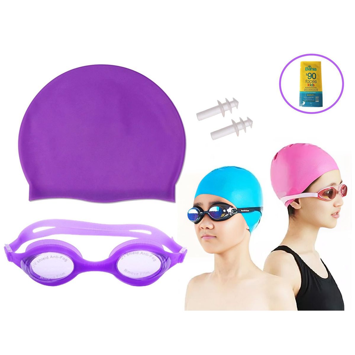 WINNER - KIT NATACIÓN LENTES PROT UV GORRO DE SILICONA LILA - Junior
