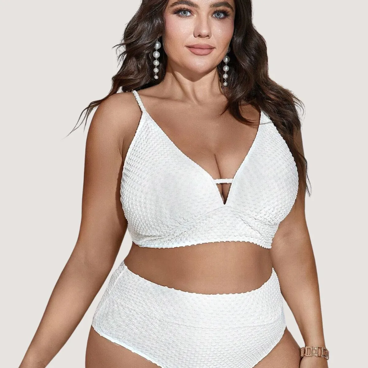 GENERICO - Tankini Cintura Alta - Traje Ropa de baño Mujer Plus Size Beige