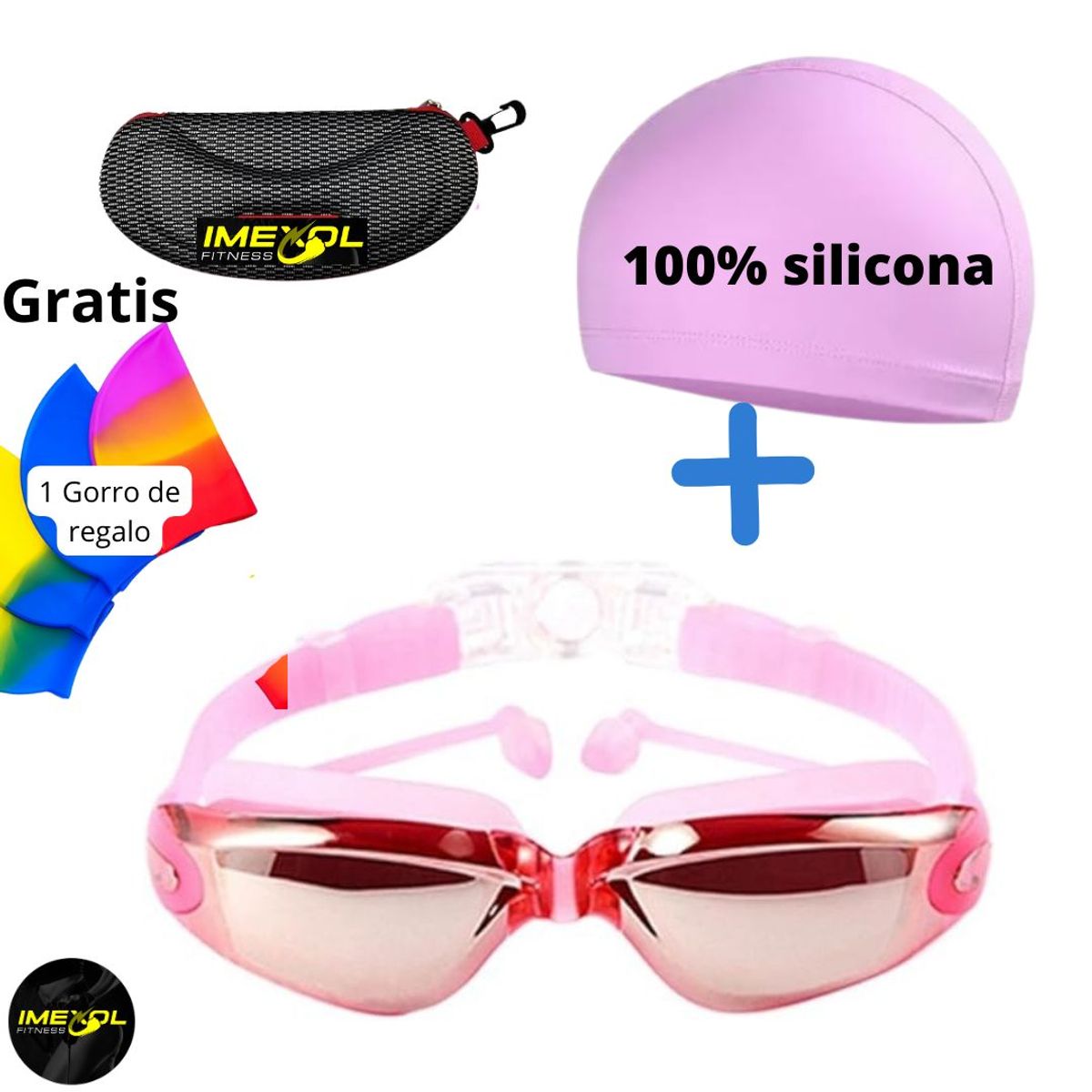 GENERICO - Lentes Natación Rosados HD Protección UV con 2 Gorro