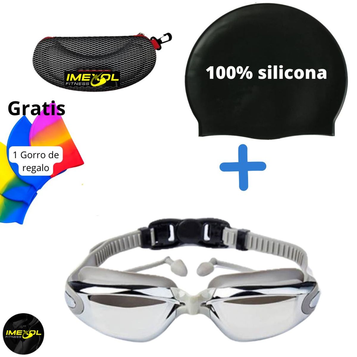 GENERICO - Lentes protección UV de natación GRIS con dos Gorros silicon