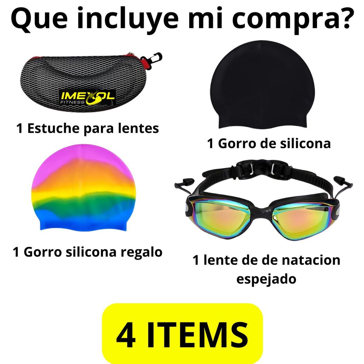 GENERICO - Lentes protección UV de natación GRIS con dos Gorros silicon