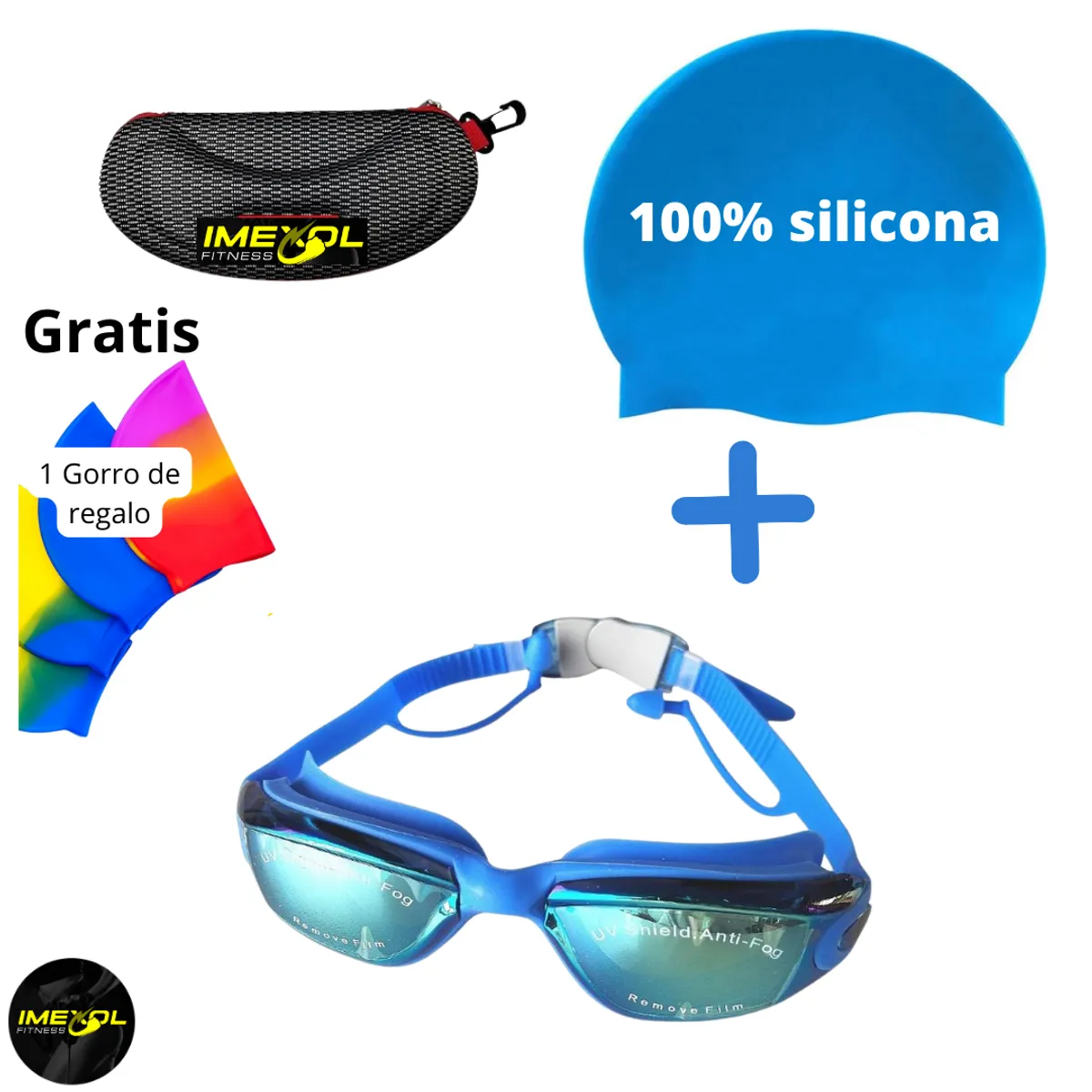 GENERICO - Lentes Natación Negros HD Protección UV con 2 Gorro