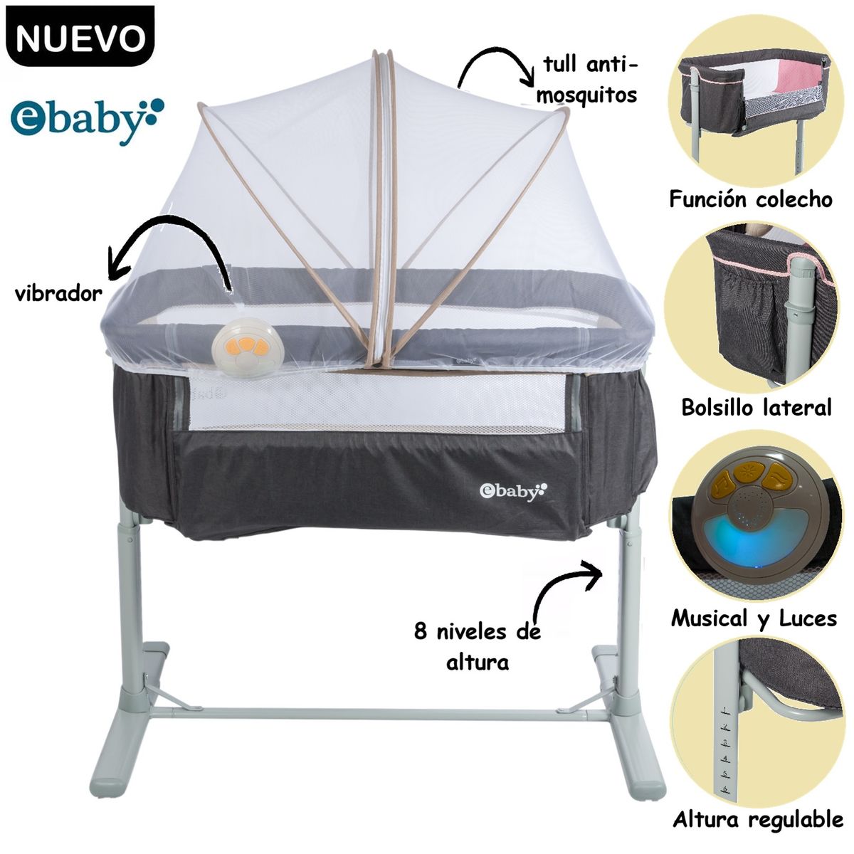 EBABY - Cuna Colecho Tami Musical Anti Mosquitos Beige