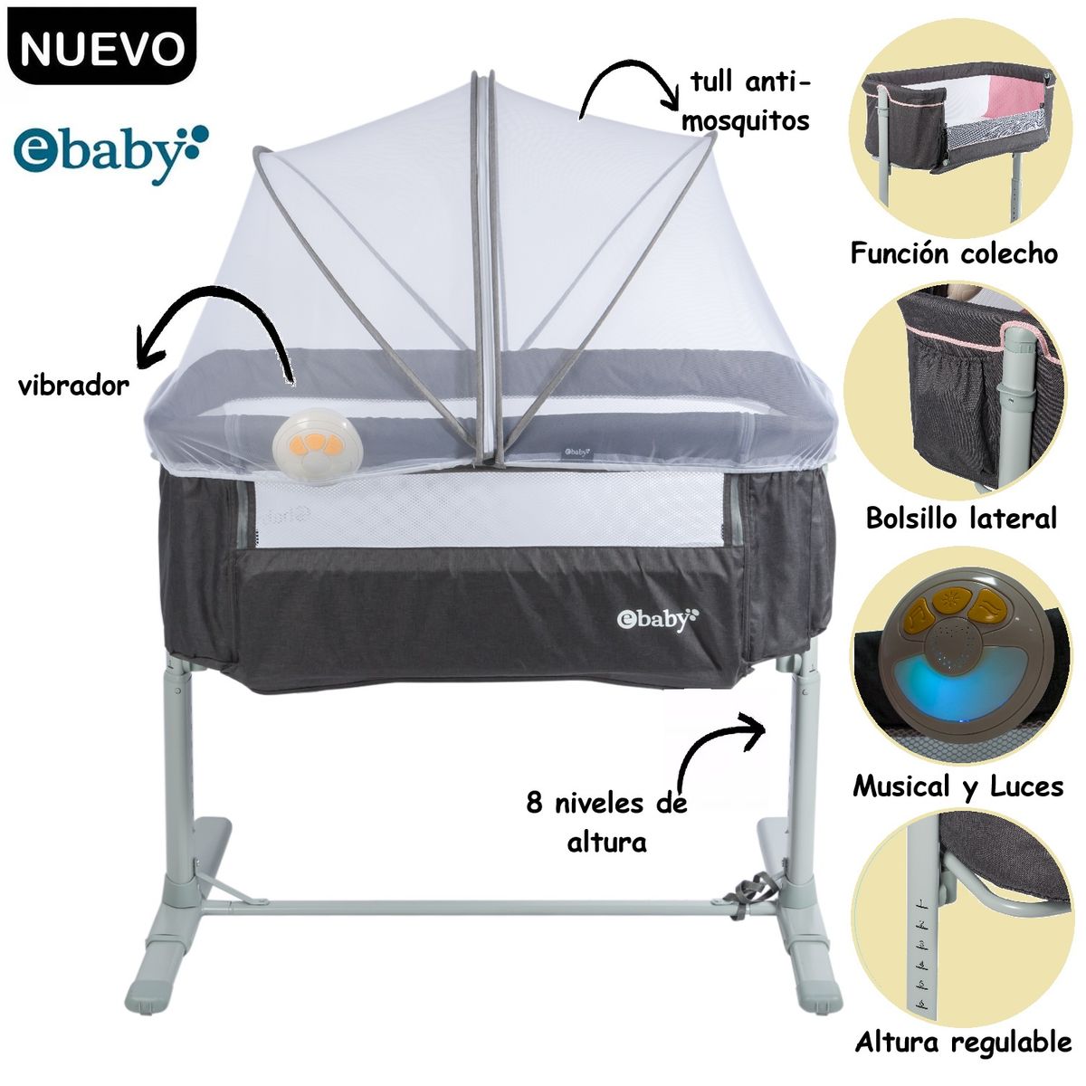 EBABY - Cuna Colecho Tami Musical Anti Mosquitos Gris