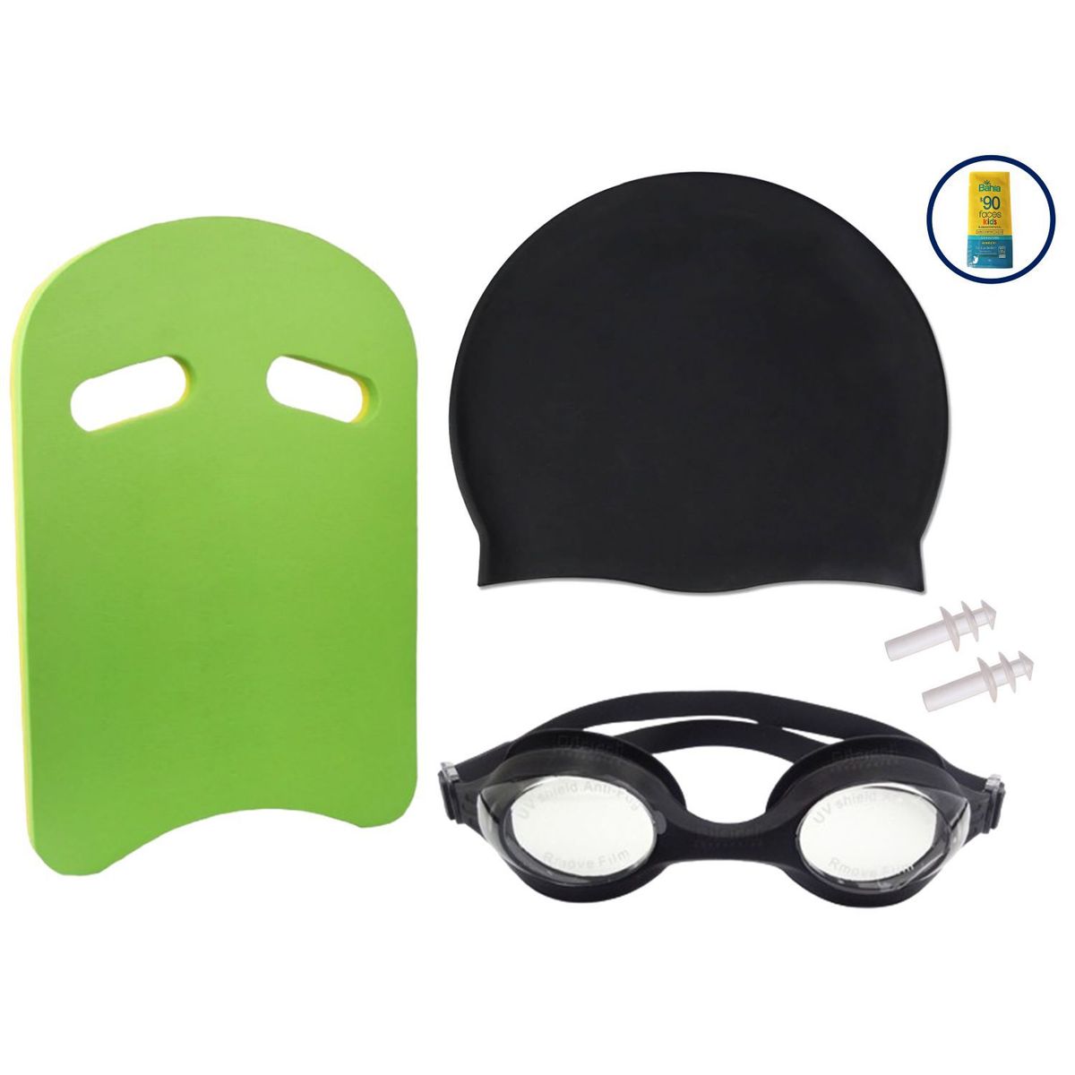 WINNER - Kit Natación Junior Tabla Lentes Gorro Negro  Bloqueador