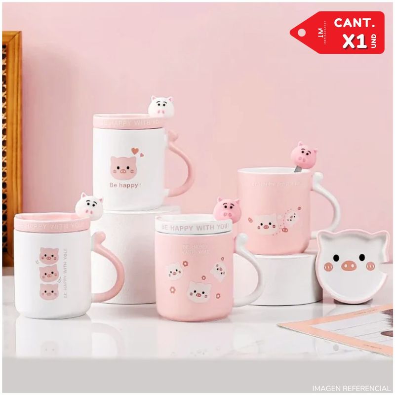 GENERICO - Taza cerdito kawaii con tapa y cucharita