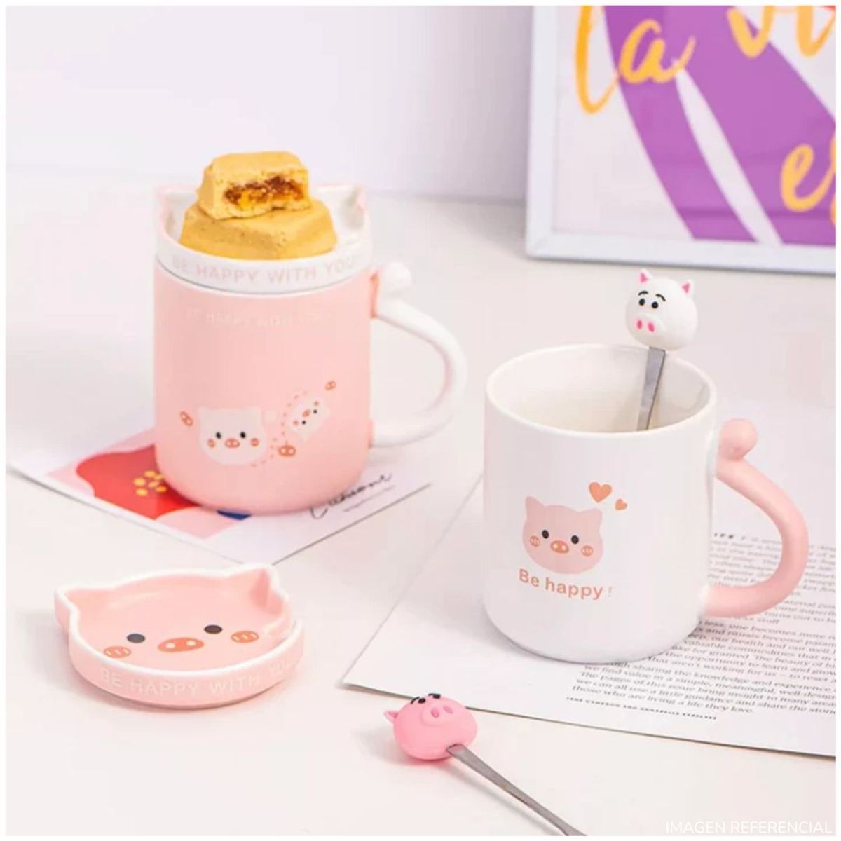 INSPIRA MARKET - Taza cerdito kawaii con tapa y cucharita