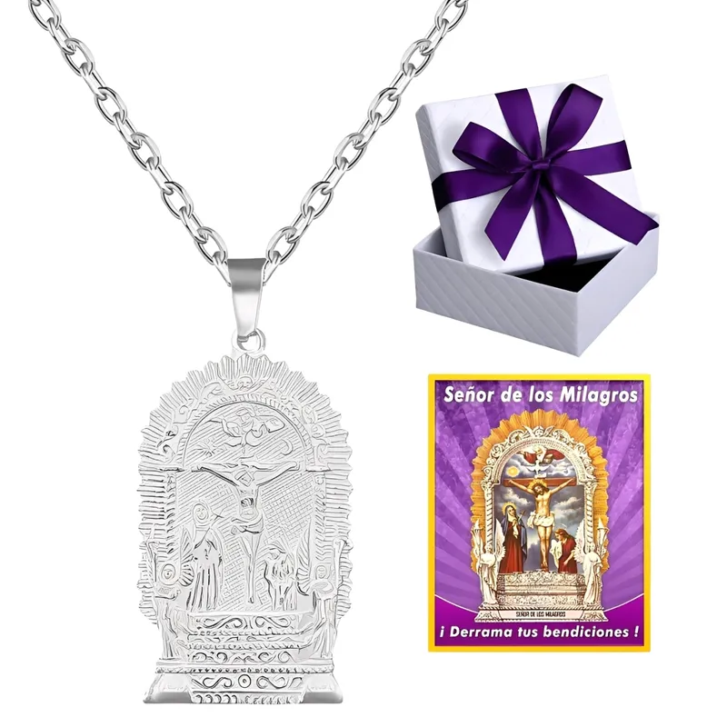 GENERICO - Collar Hombre Medalla Señor De Los Milagros Religioso Plata
