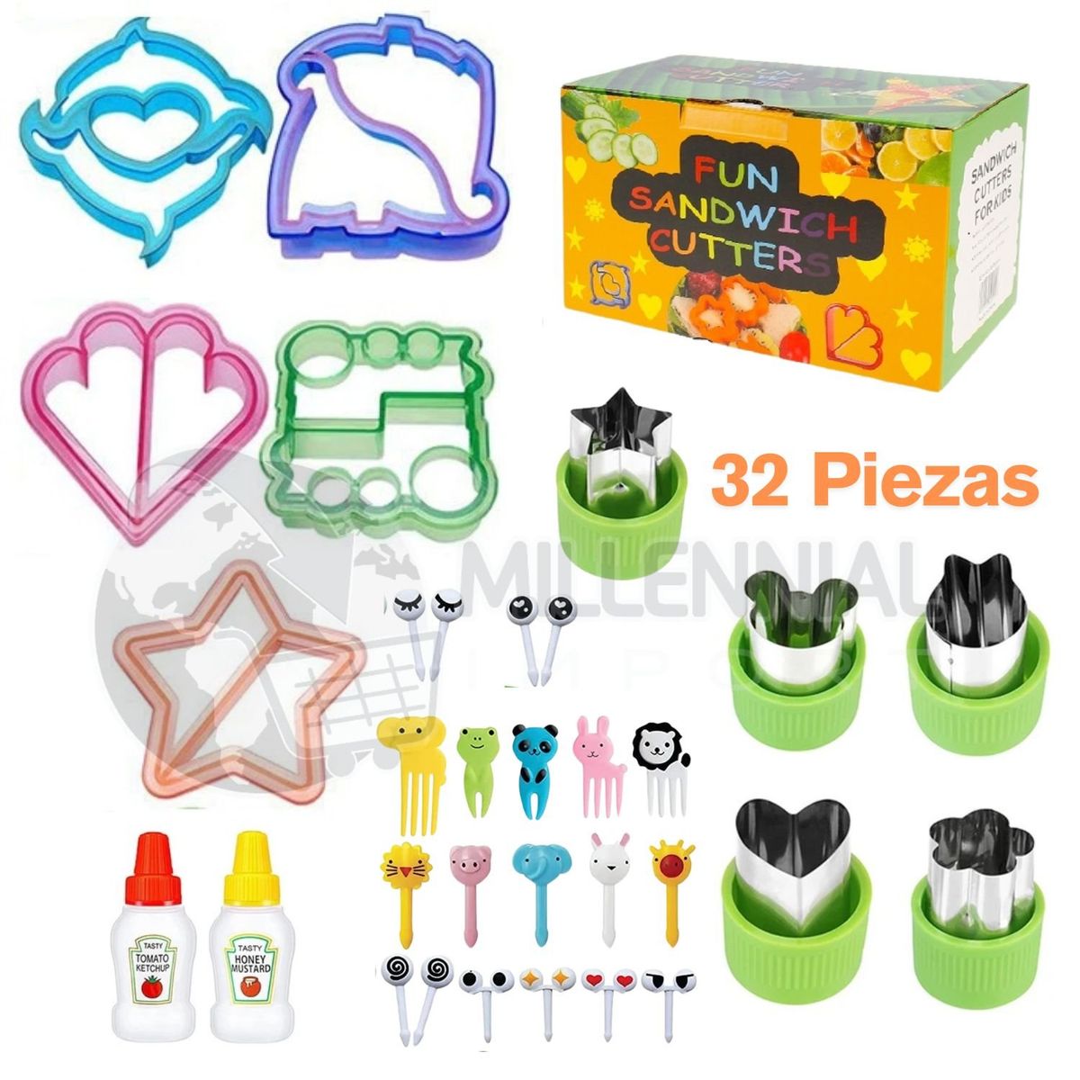 GENERICO - Set de Moldes Cortadores y Mini Tenedores para Loncheras 32 piezas