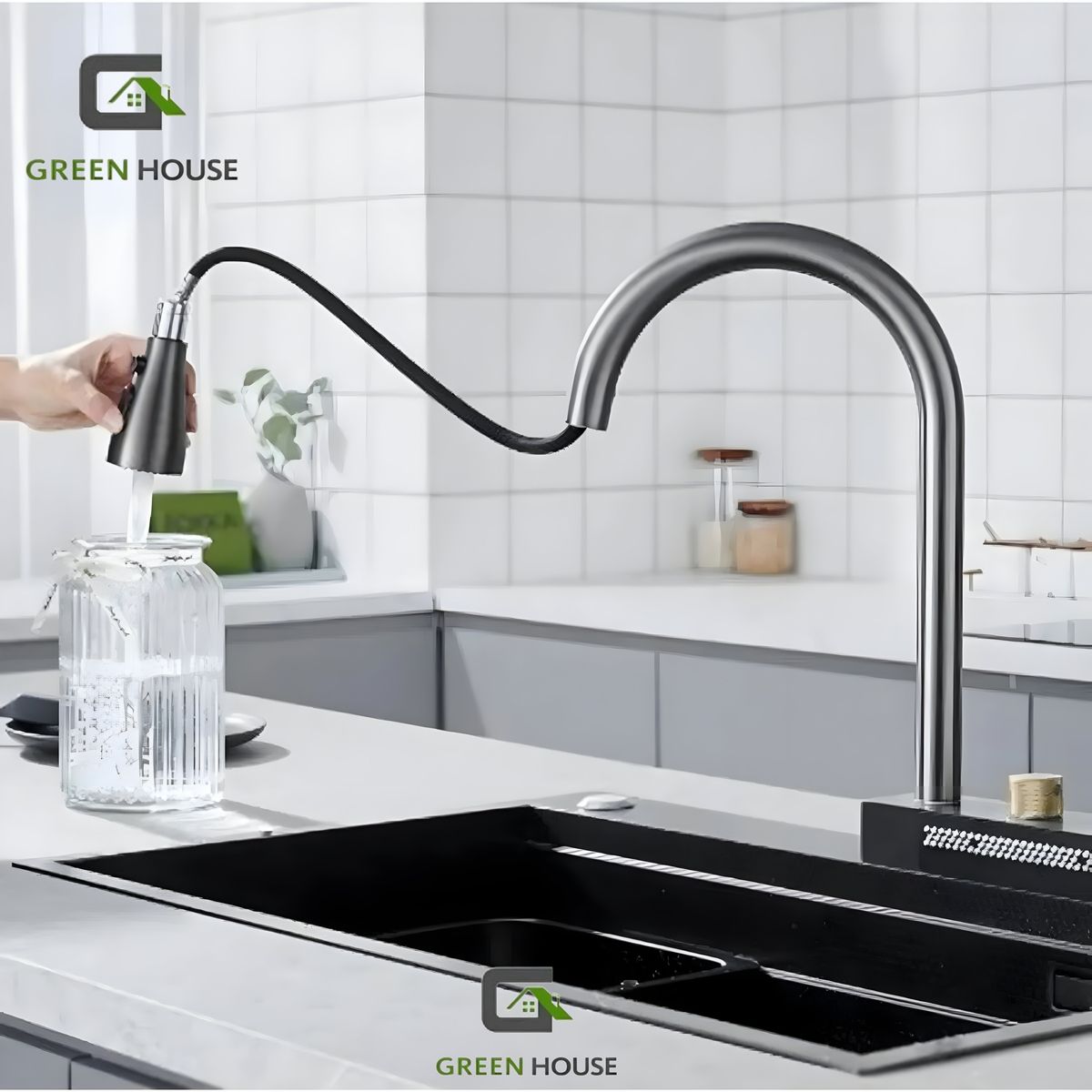 GENERICO - ELEGANTE MEZCLADORA GRIS DE COCINA  EXTRAIBLE CON CAIDA CASCADA