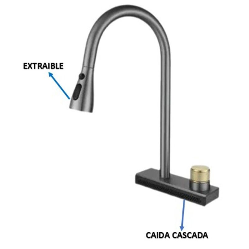 GENERICO - ELEGANTE MEZCLADORA GRIS DE COCINA  EXTRAIBLE CON CAIDA CASCADA
