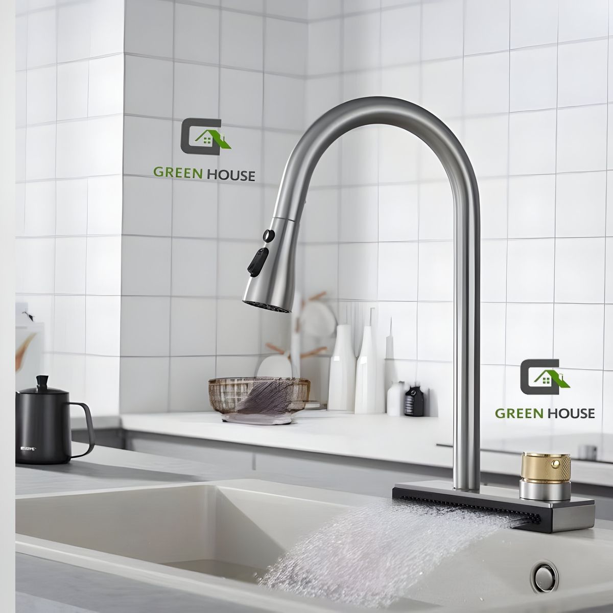 GENERICO - ELEGANTE MEZCLADORA GRIS DE COCINA  EXTRAIBLE CON CAIDA CASCADA