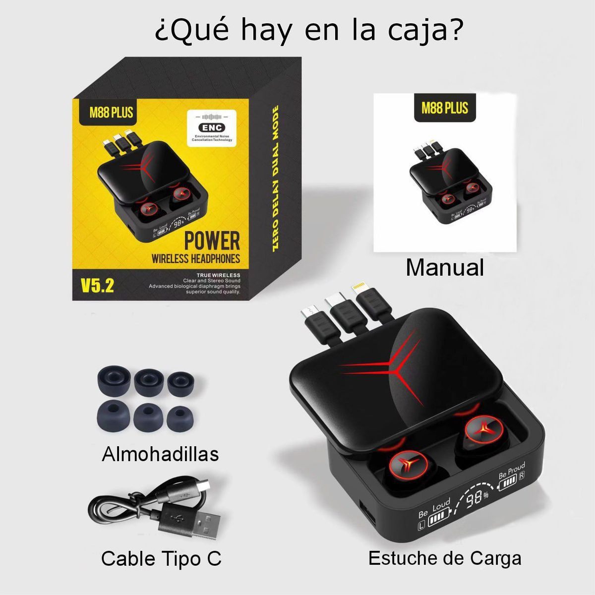 GENERICO - Audifonos Inalambricos M88 Plus con 3 estilos de carga