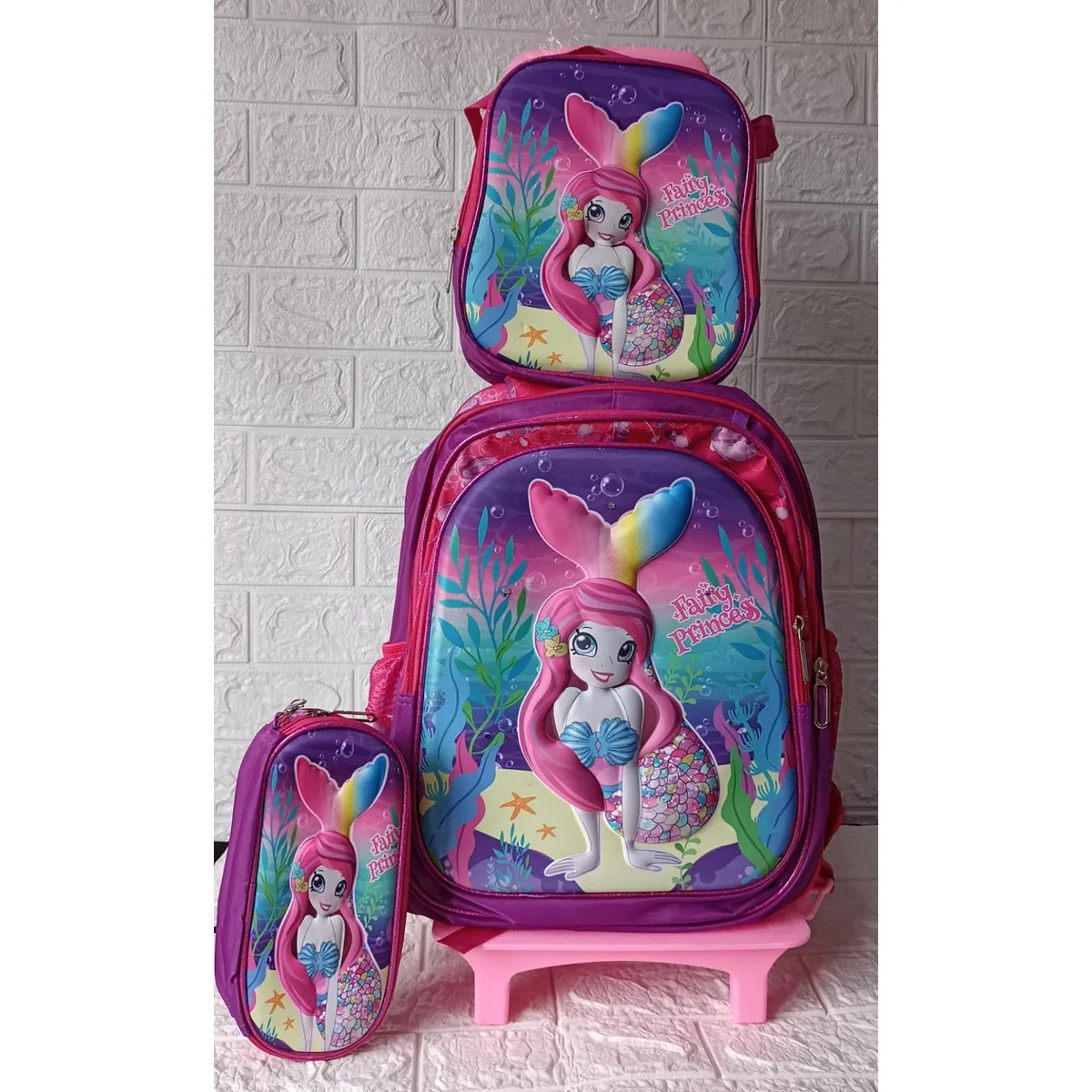 GENERICO - MOCHILA  PARA NIÑA 3 PIEZAS CON RUEDAS Y LUCES