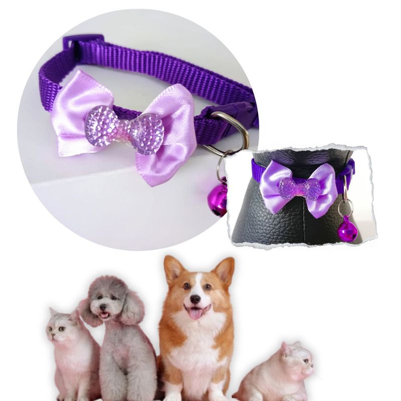 GENERICO - COLLAR PARA MASCOTAS CON MOÑO Y CASCABEL PURPURA.