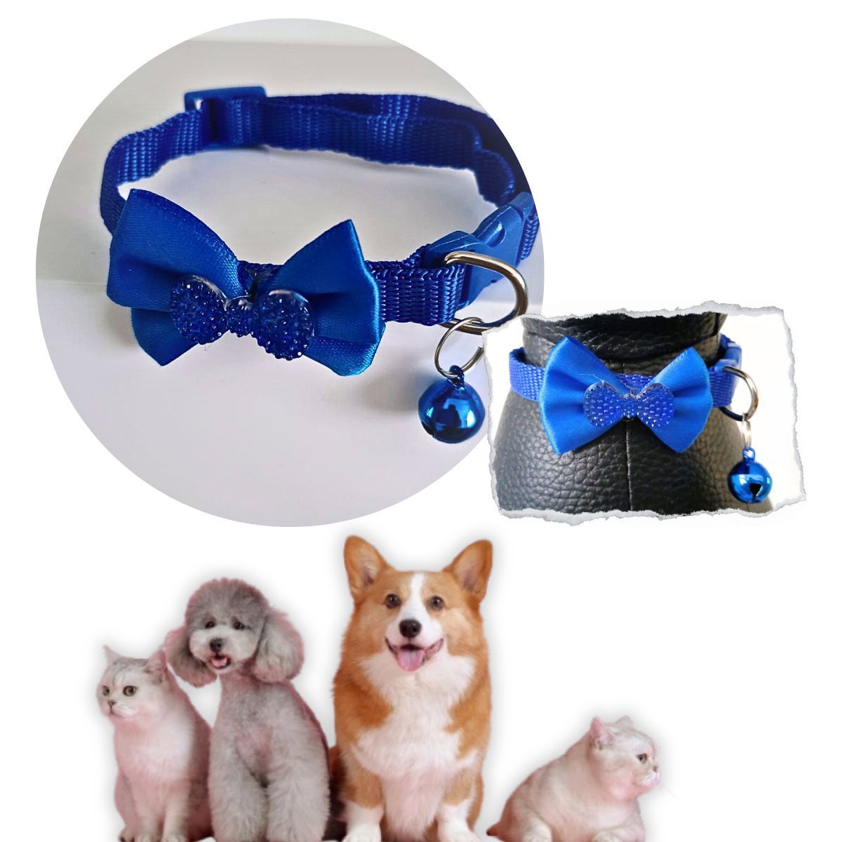 GENERICO - COLLAR PARA MASCOTAS CON MOÑO Y CASCABEL AZULINO.