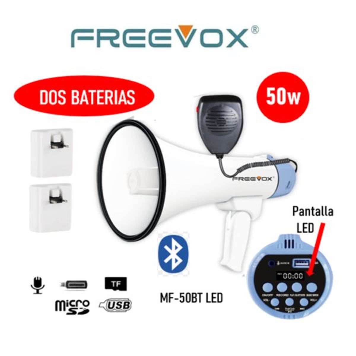 FREEVOX - MEGAFONO FREEVOX RECARGABLE 50W USB - BT - 2 BATERIAS