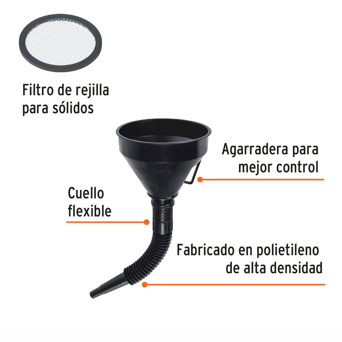 TRUPER - Embudo plástico 500 ml con filtro cuello flexible Truper