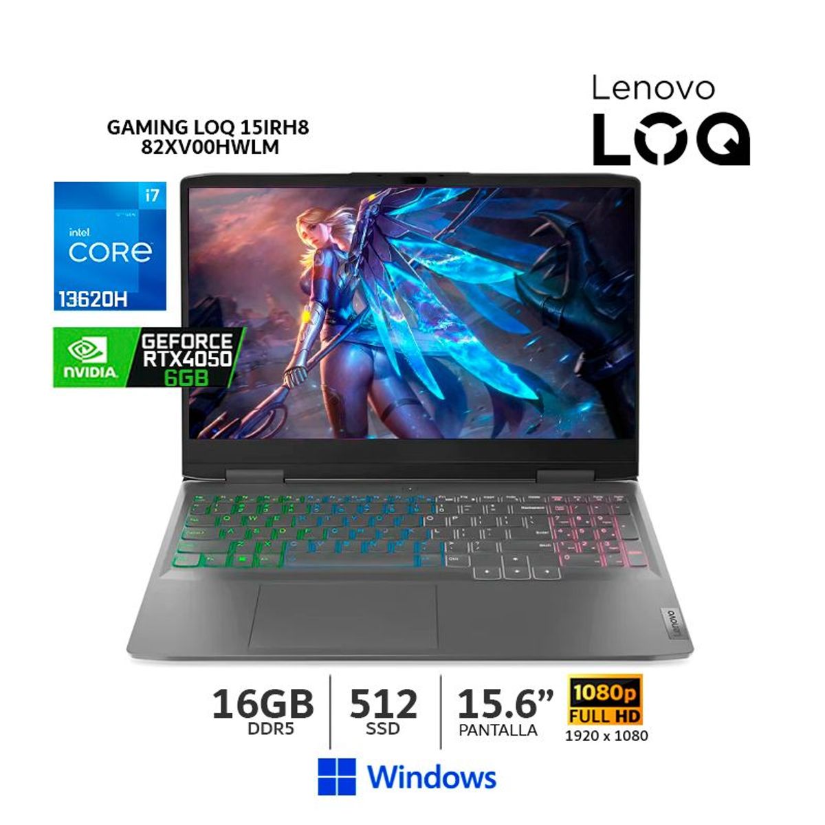 LENOVO - Laptop Lenovo LOQ 15IRH8 I7-13620H 16Gb DDR5 512Gb SSD/T. Video RTX 4050 6Gb/ 15.6” FHD/ 82XV00HWLM