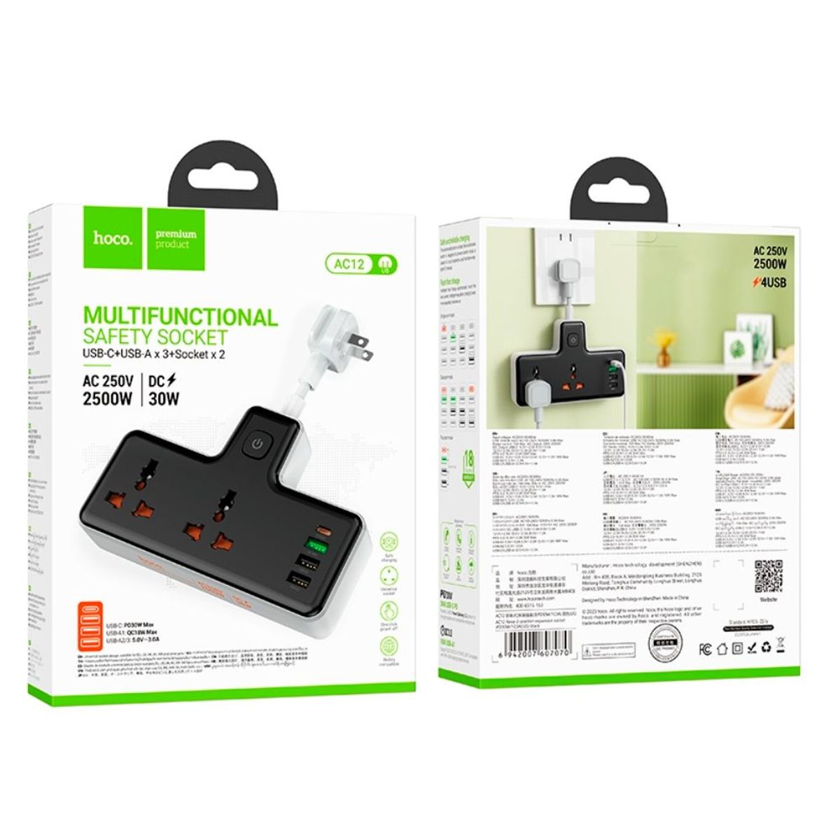 HOCO - Extension 2 Toma Corriente 3 Entradas USB Universal HOCO AC12