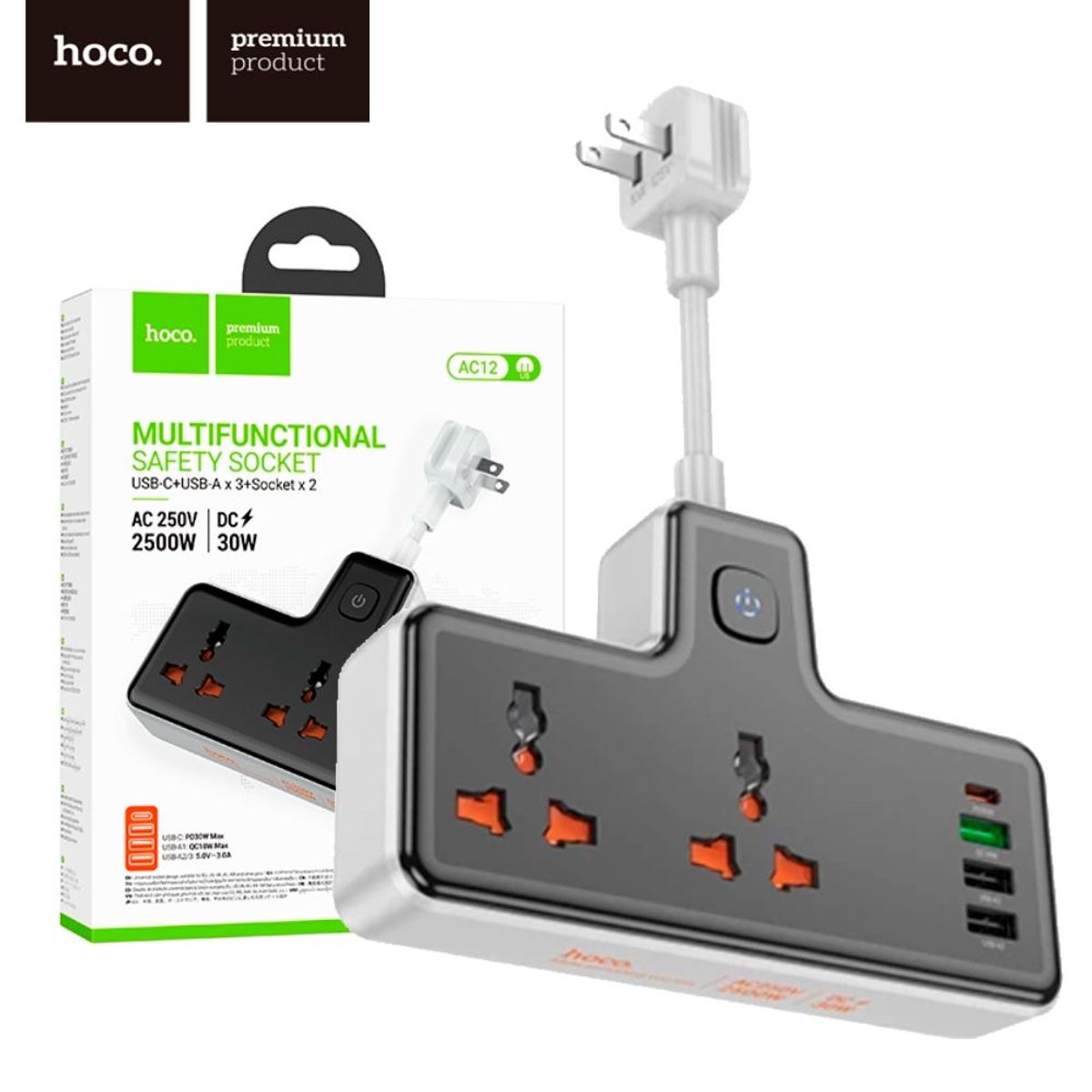 HOCO - Extension Enchufe Toma Corriente 3 Entradas USB 2 Tomas Universales