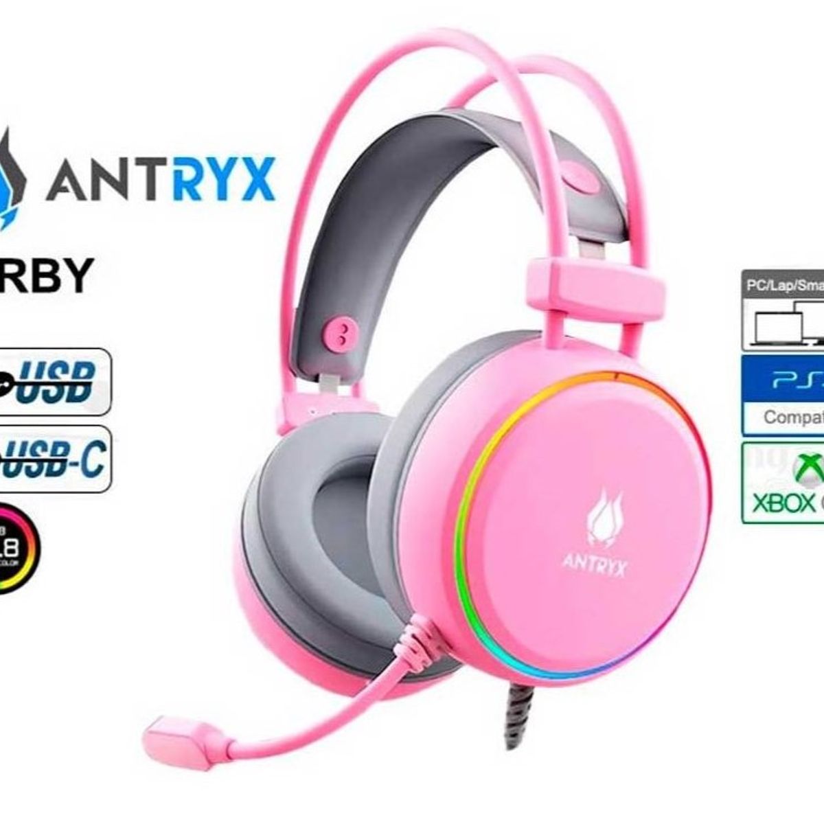 ANTRYX - AUDIFONO GAMER  ANTRYX KIRBY PINK 7.1 VIRTUAL SURROUND, RGB
