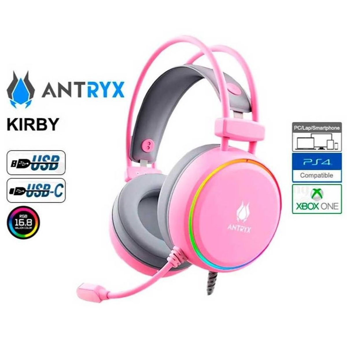 ANTRYX - AUDIFONO GAMER  ANTRYX KIRBY PINK 7.1 VIRTUAL SURROUND, RGB