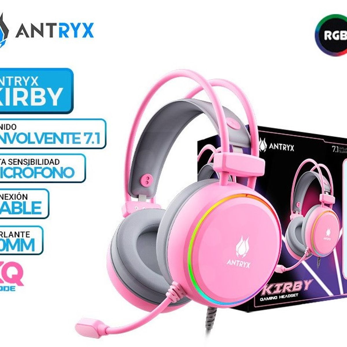 ANTRYX - AUDIFONO GAMER  ANTRYX KIRBY PINK 7.1 VIRTUAL SURROUND, RGB