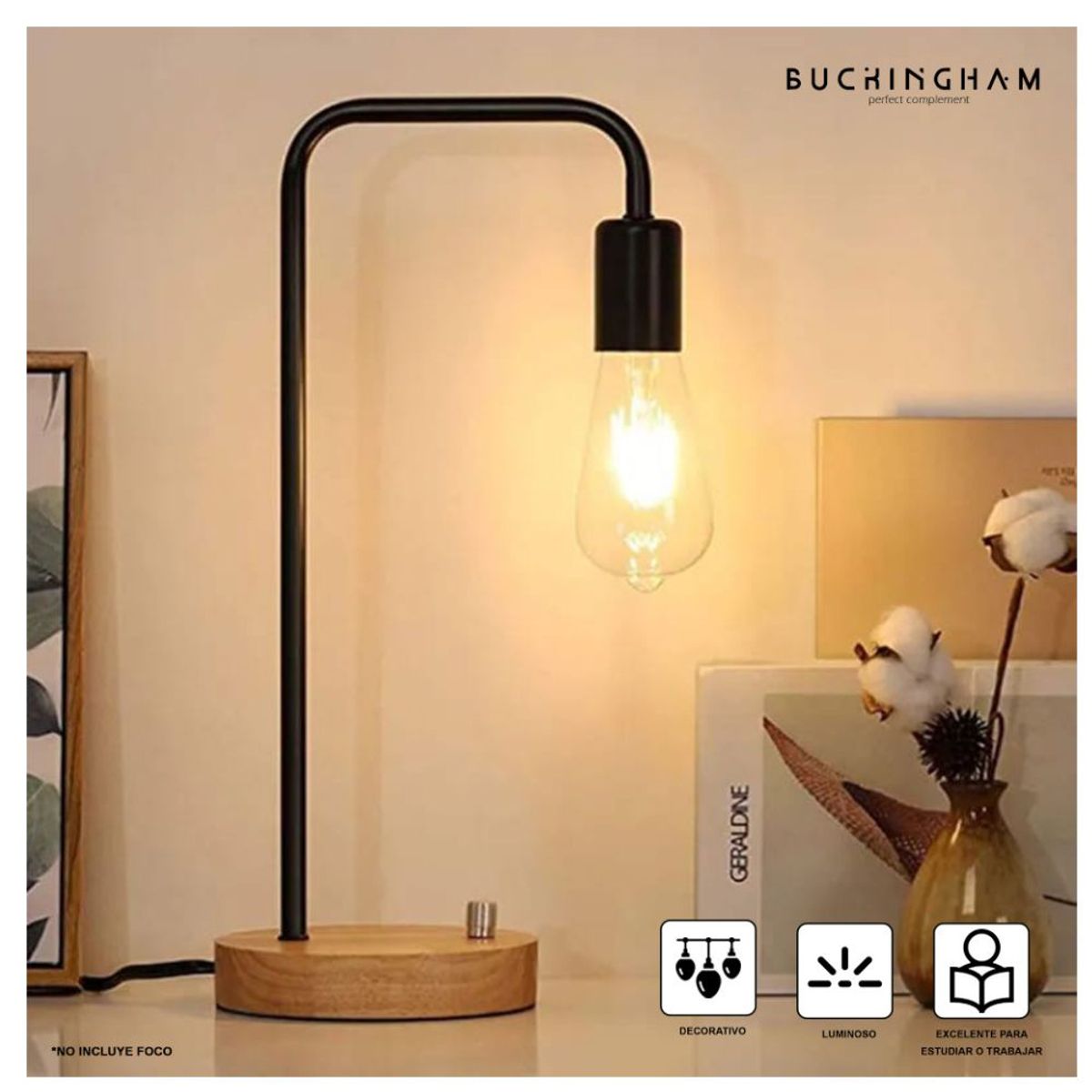 BUCKINGHAM - Lampara Mesa Dormitorio Madera Metal Industrial DYH390007 Buckingham