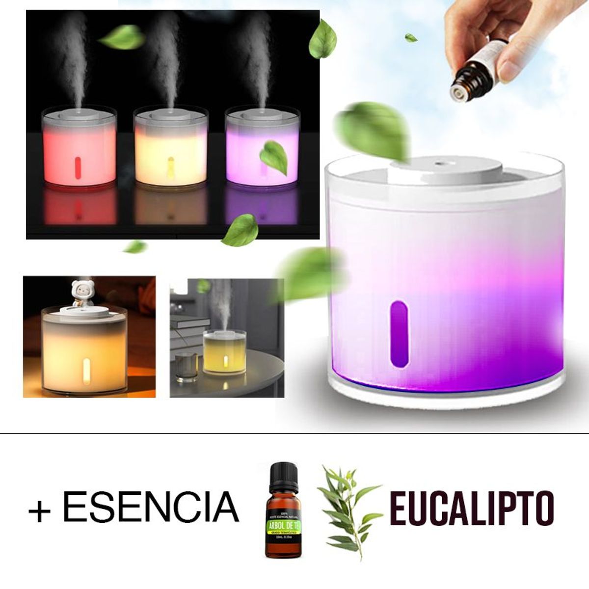 GENERICO - Humidificador USB difusor aroma purificador luz led Esencia Eucalipto