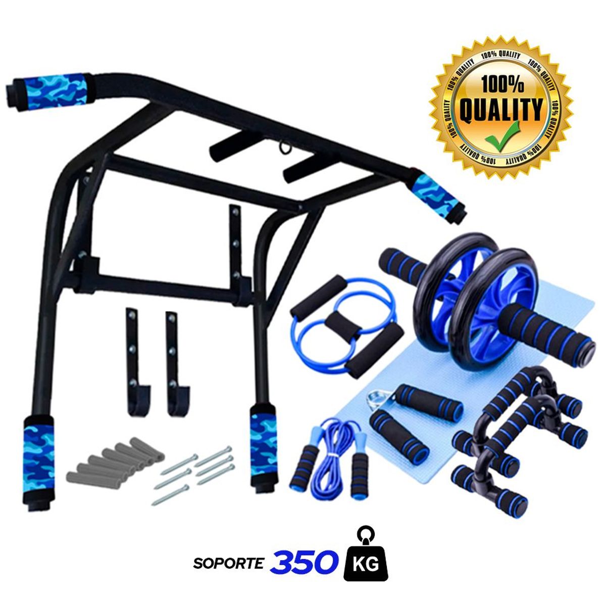 HOLGU - Barra Dominadas 2 en 1 + Combo Rueda Push Up Hand Grip Liga