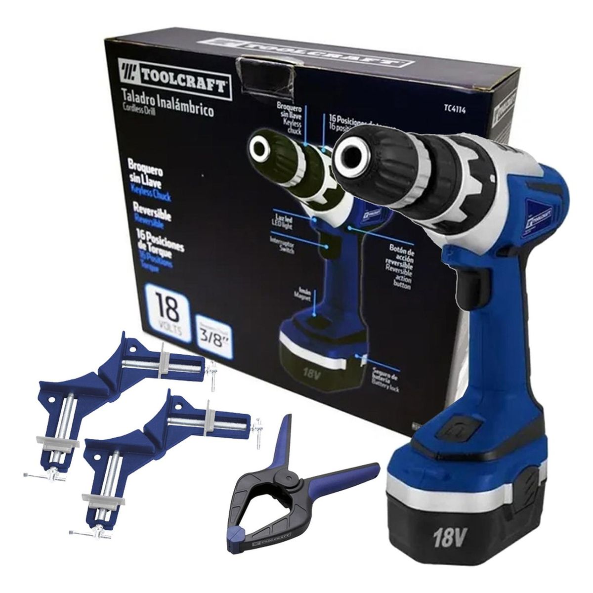 TOOLCRAFT - Taladro Atornillador TC4114 + Prensas TC5299/TC5301 x 3 Pzs Toolcraft