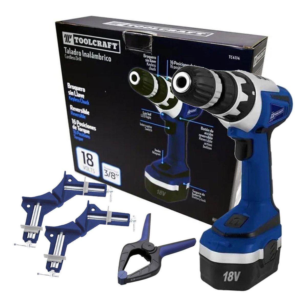 TOOLCRAFT - Taladro Atornillador TC4114 + Prensas TC5299/TC5301 x 3 Pzs Toolcraft