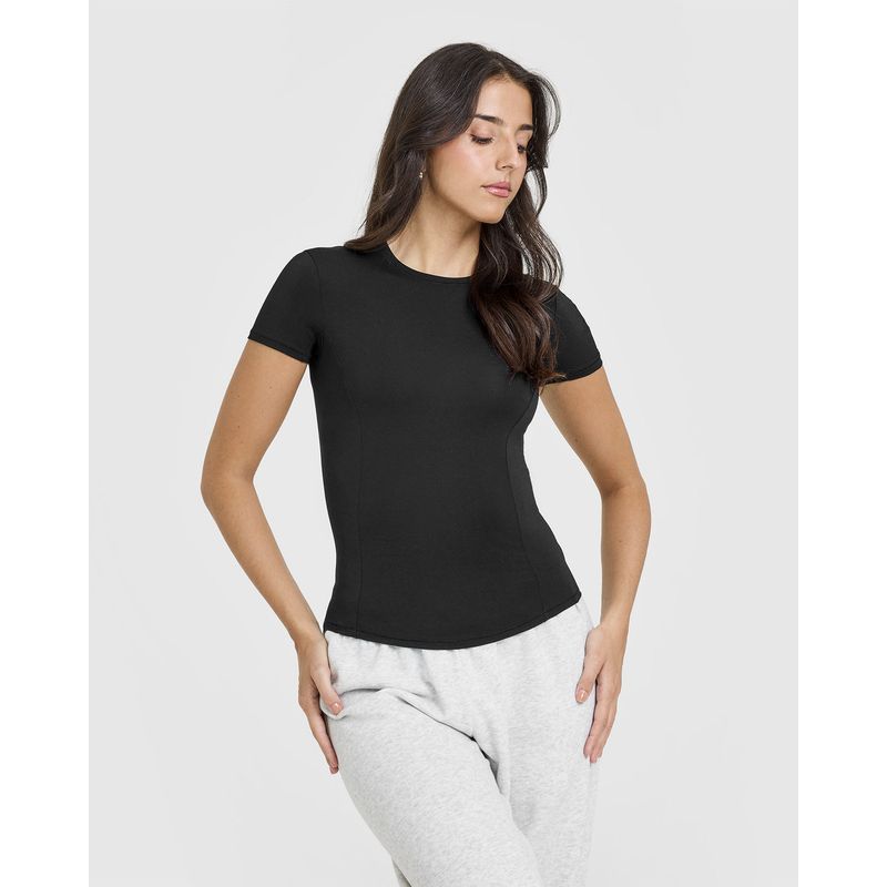 GENERICO - CAMISETA DE LYCRA MANGA CORTA MUJER - TOP ENTALLADO MANGA CORTA MUJER