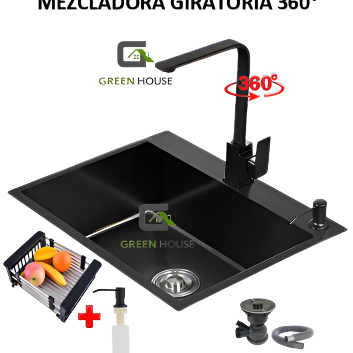GREEN HOUSE - COMBO LAVADERO 60X45X23CM  NEGRO + MEZCLADORA GIRATORIA 360 GRADOS