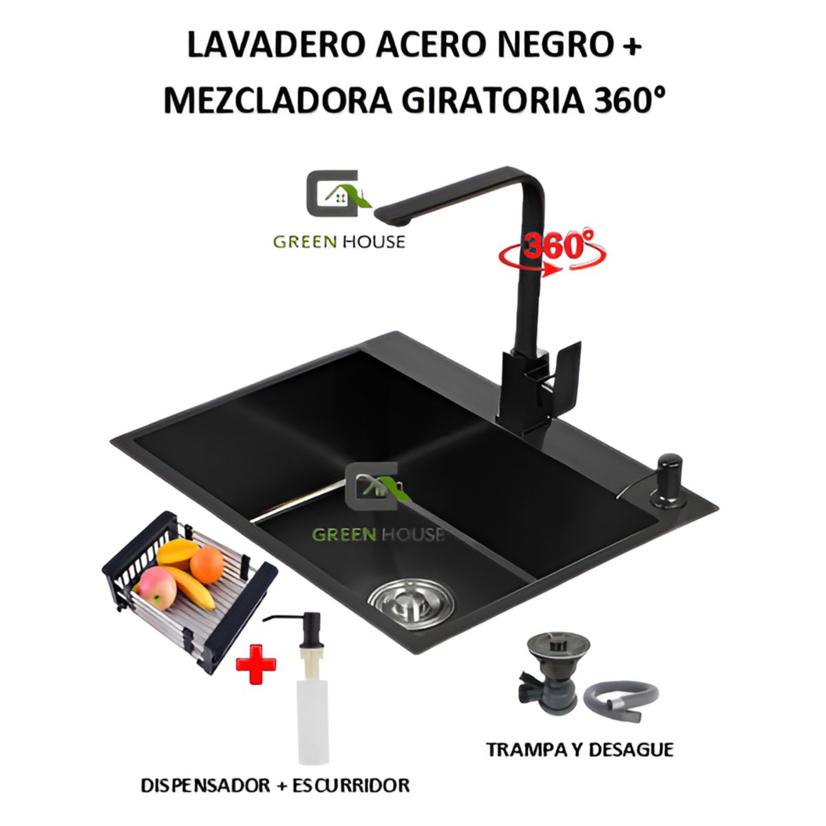 GREEN HOUSE - COMBO LAVADERO 60X45X23CM  NEGRO + MEZCLADORA GIRATORIA 360 GRADOS