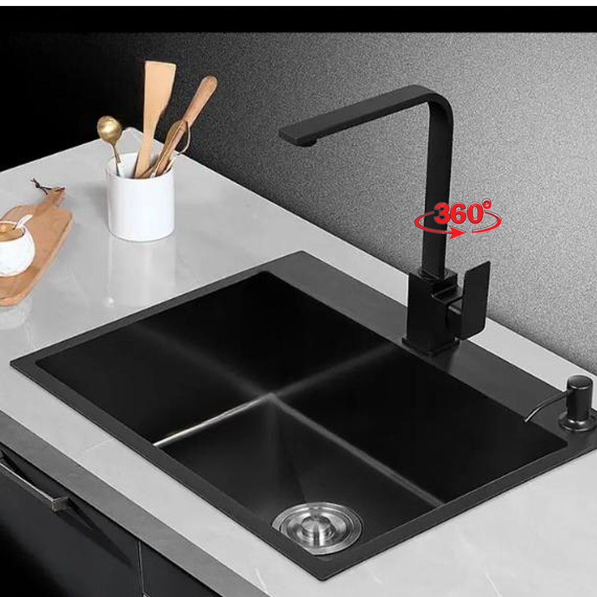 GREEN HOUSE - COMBO LAVADERO 60X45X23CM  NEGRO + MEZCLADORA GIRATORIA 360 GRADOS