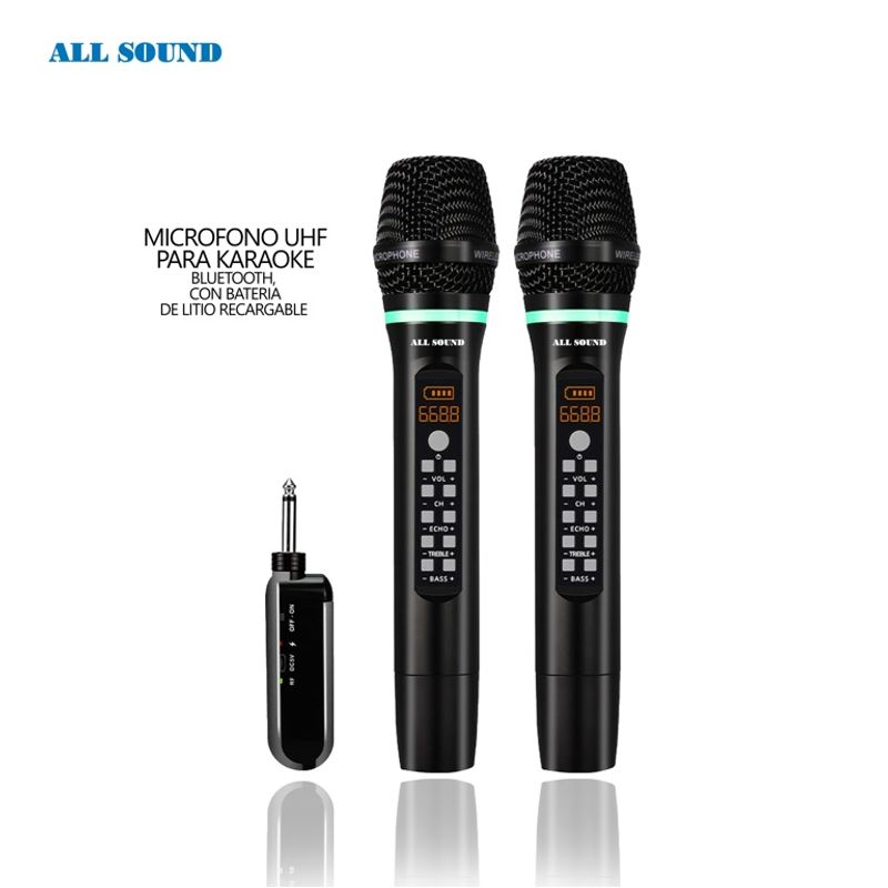 ALL SOUND - MICROFONO UHF PARA KARAOKE CON BLUETTOTH INALÁMBRICO DOBLE- ALL SOUND
