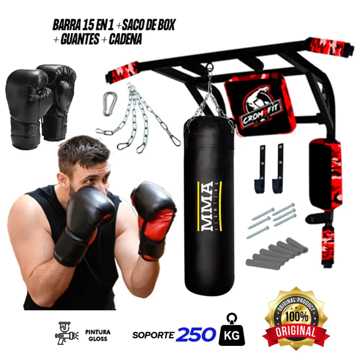 HOLGU - Barra Paralelas dominadas 15 en 1 + saco de box + guante box