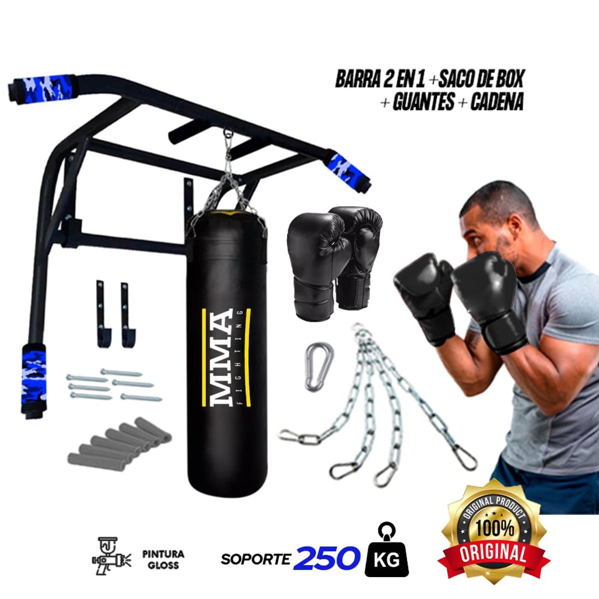 HOLGU - Barra Paralelas 2 en 1 + saco de box + guantes box