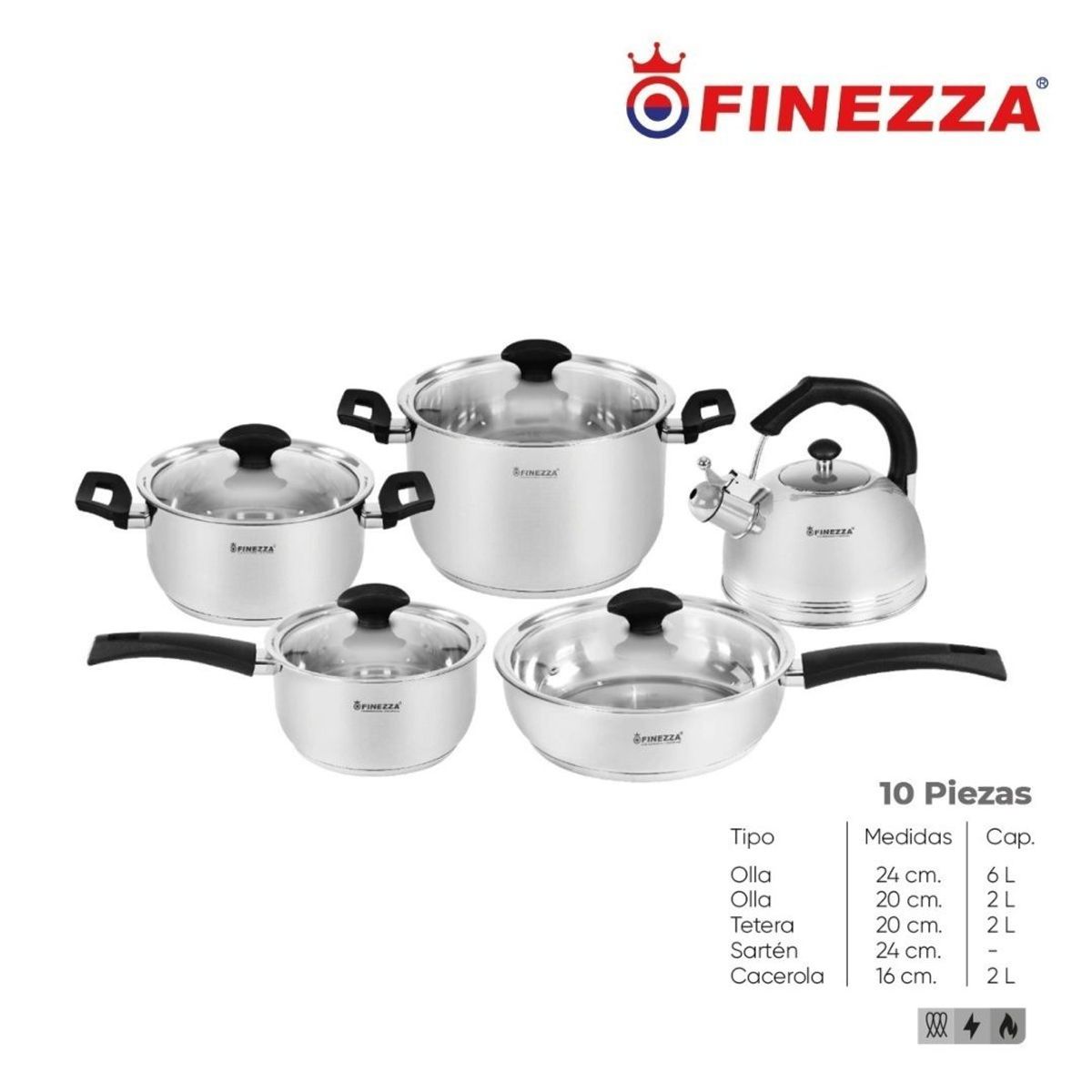 FINEZZA - JUEGO DE OLLAS DE ACERO INOXIDABLE 10 Pzas FINEZZA