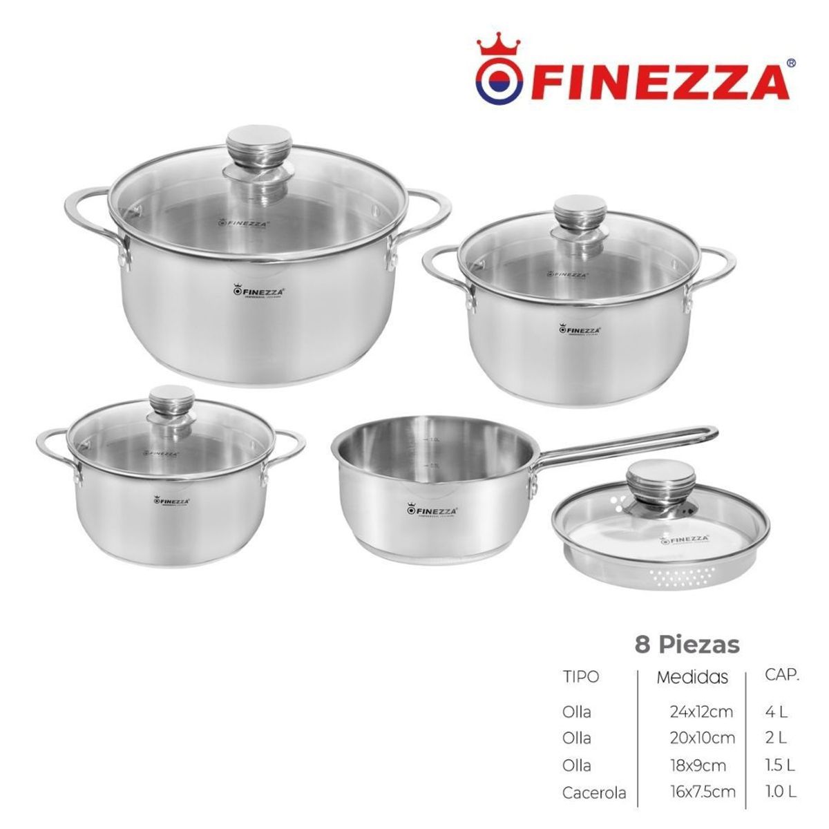 FINEZZA - JUEGO DE OLLAS ACERO INOXIDABLE 8 Pzas FINEZZA