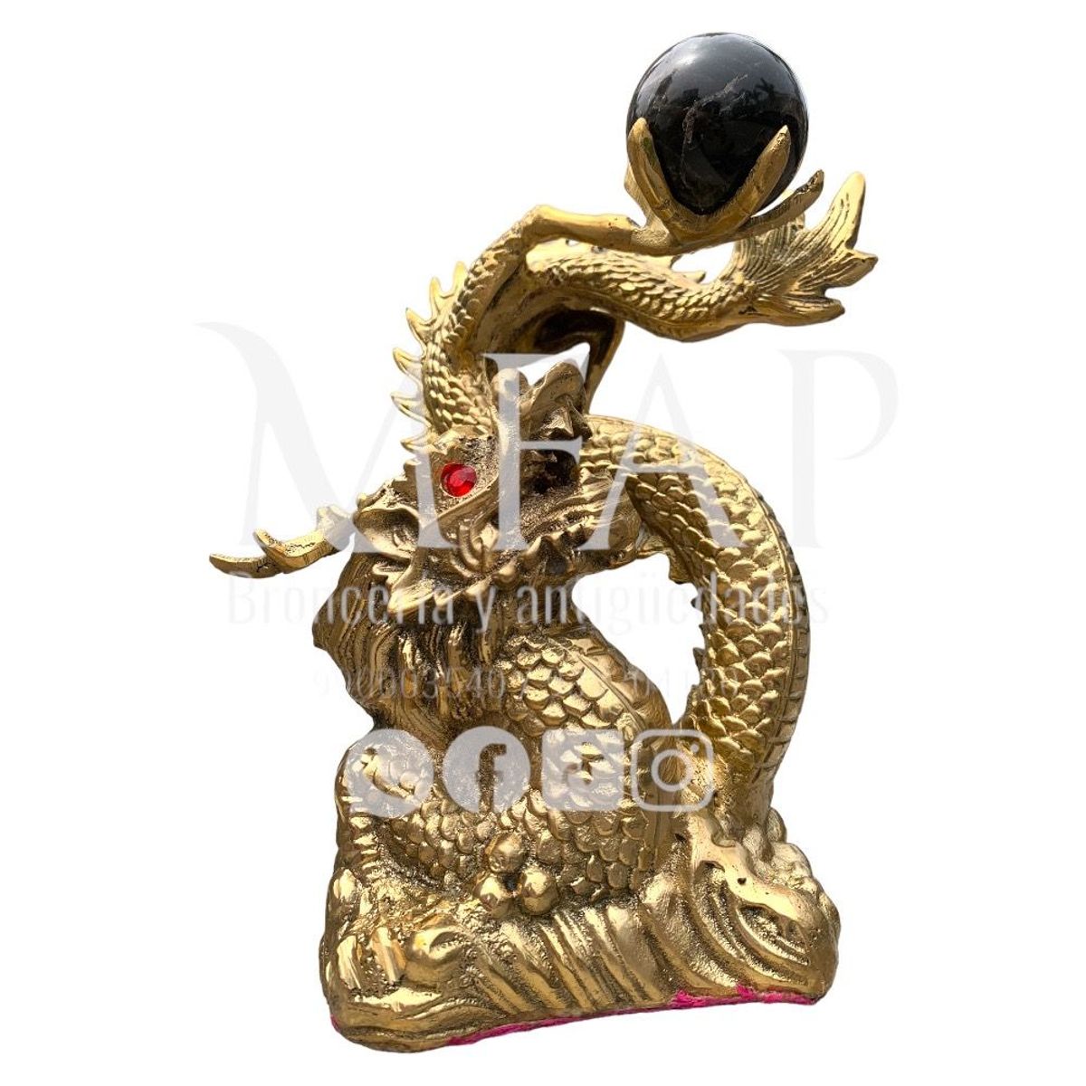 MFAP BRONCERIA Y ANTIGUEDADES - Dragón Shenlong en bronce pulido con esfera de cuarzo natural