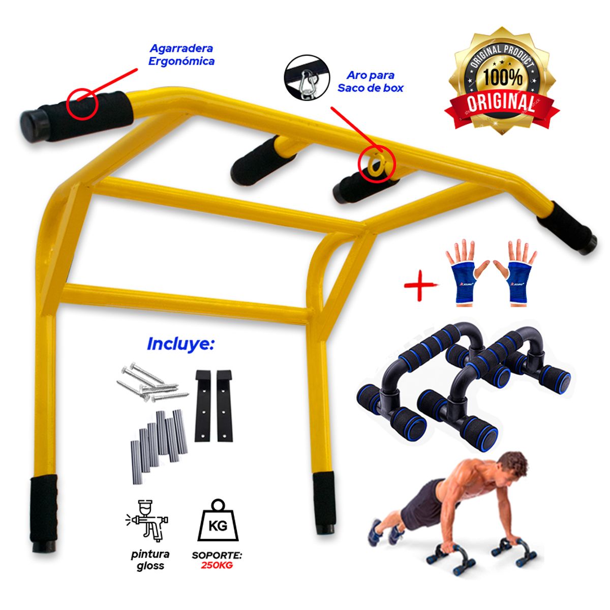 HOLGU - Barra multifuncional 2 en 1 PREMIUM + push up + guantes