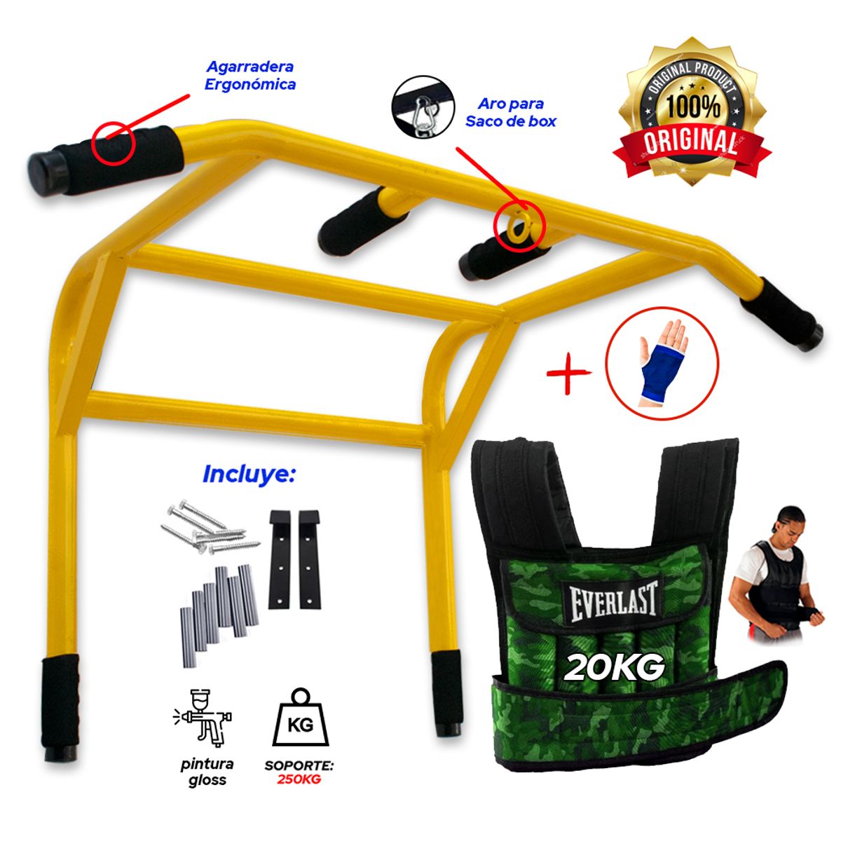 HOLGU - Barra Dominadas 2en1 PREMIMUN Chaleco 20kg  Guantes