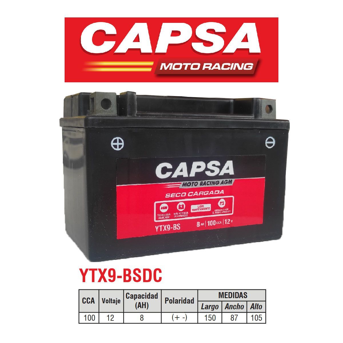 CAPSA - Batería Moto CAPSA YTX9-BS Moto Racing AGM