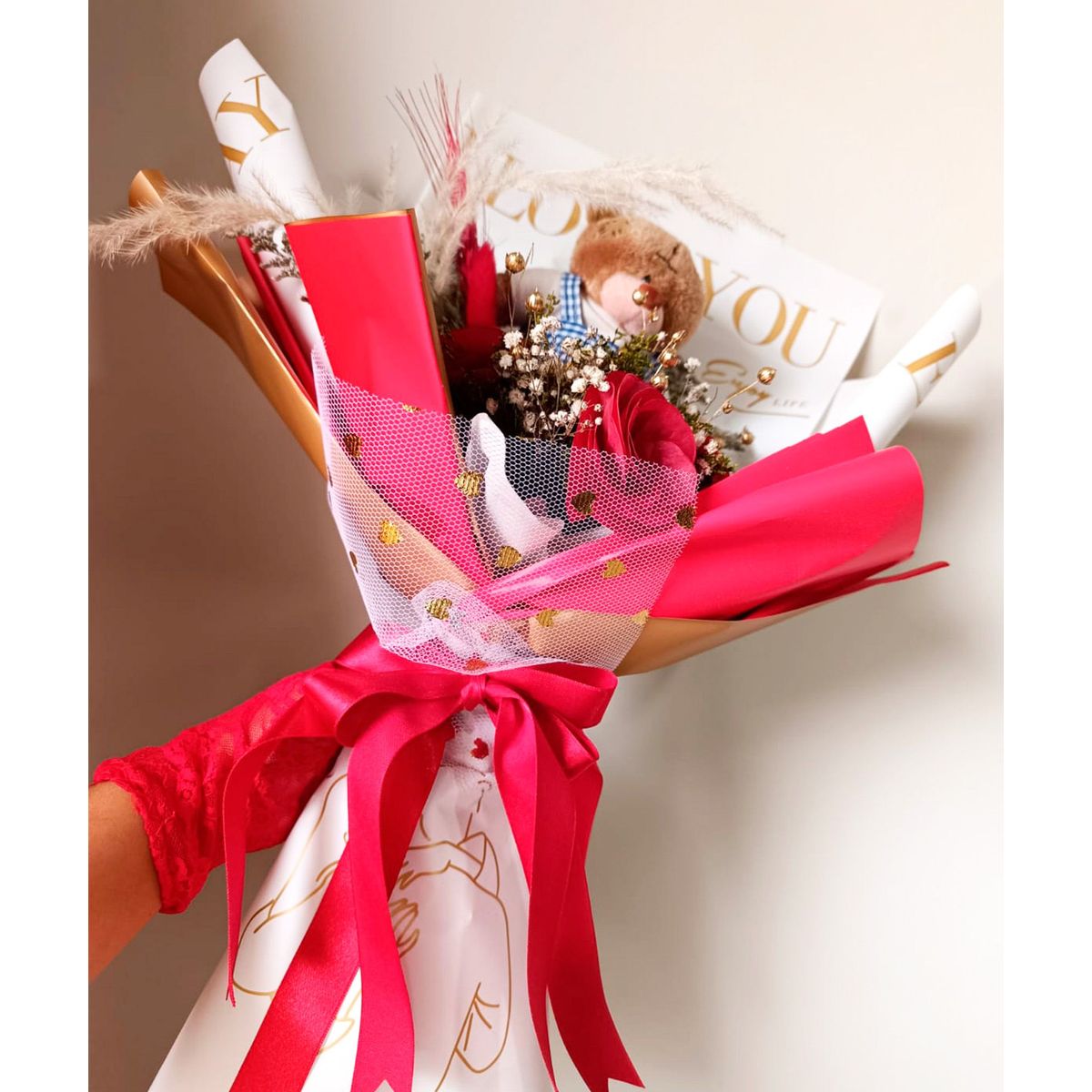 GENERICO - Ramo Flores Secas San Valentín Osito Pardo