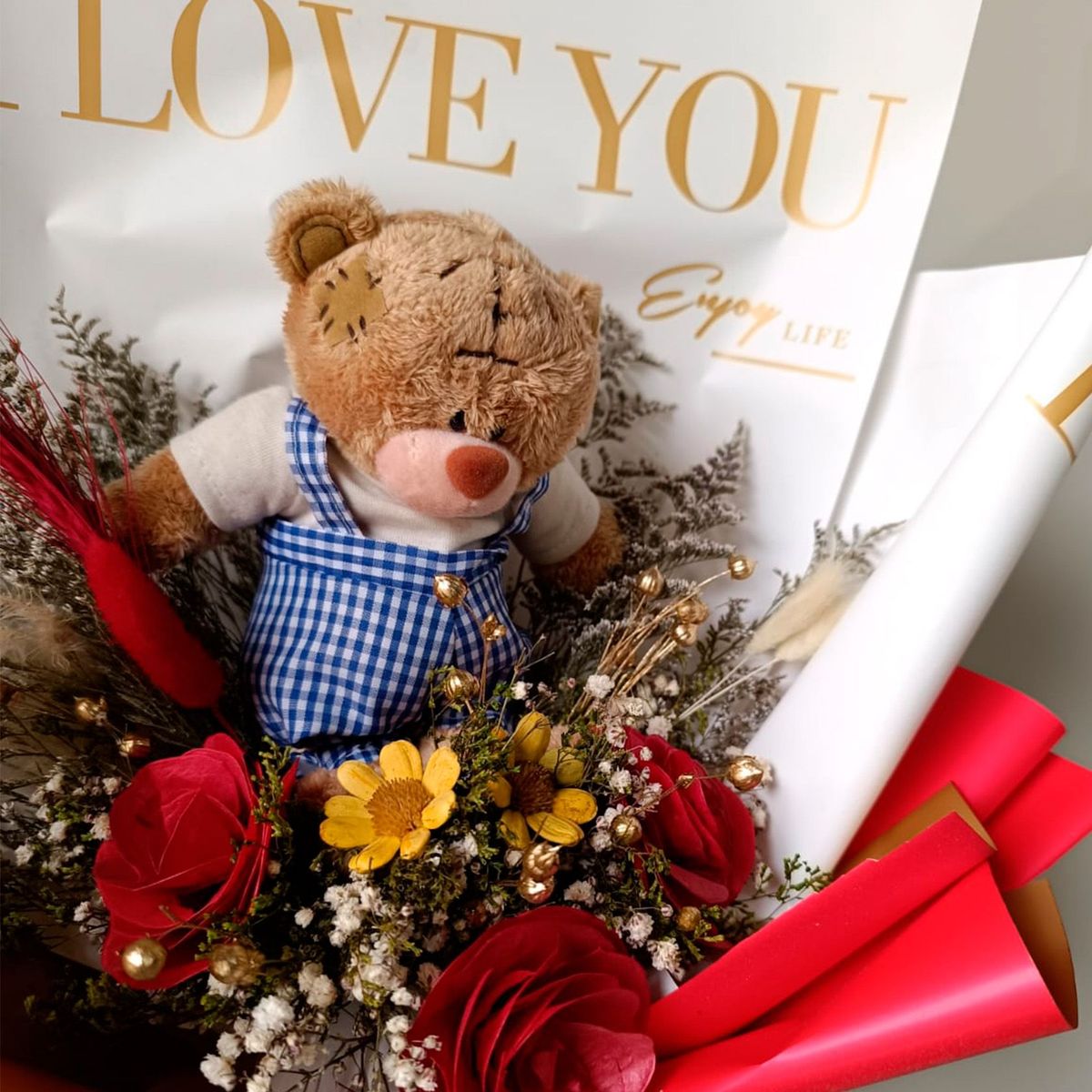 GENERICO - Ramo Flores Secas San Valentín Osito Pardo