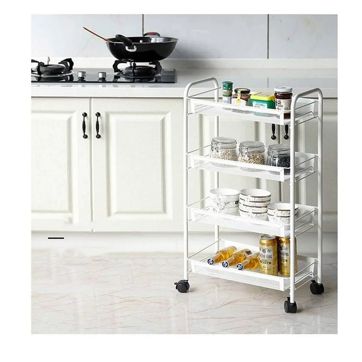 GENERICO - Carrito Organizador Multiusos de 4 Niveles con Ruedas Blanco