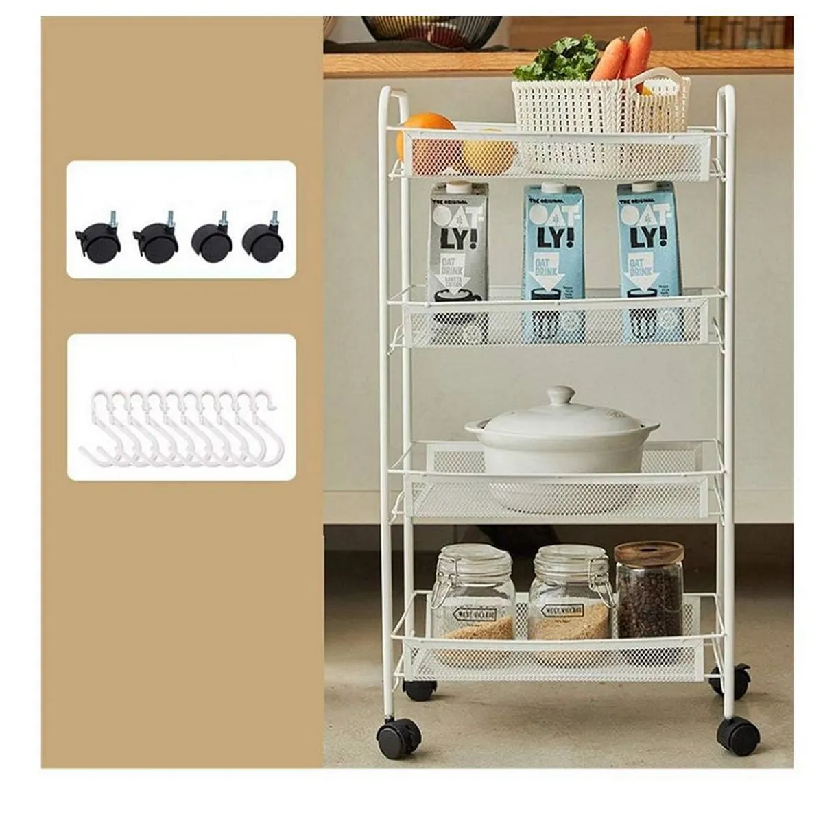GENERICO - Carrito Organizador Multiusos de 4 Niveles con Ruedas Blanco